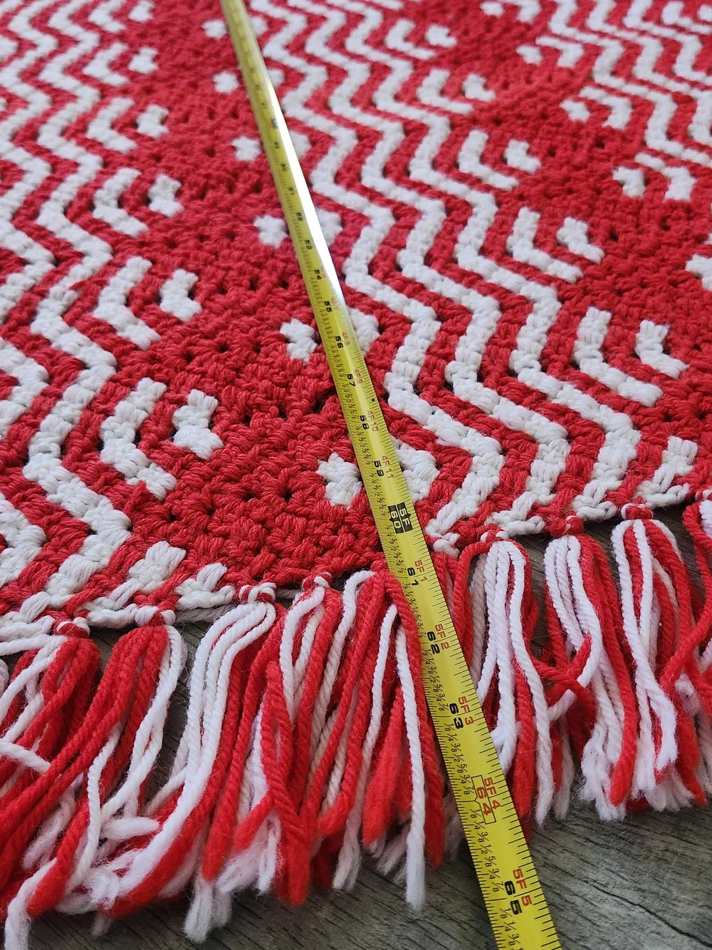 Vintage Handmade Crochet Blanket Red White Afghan Throw 64x43 Fringe Retro